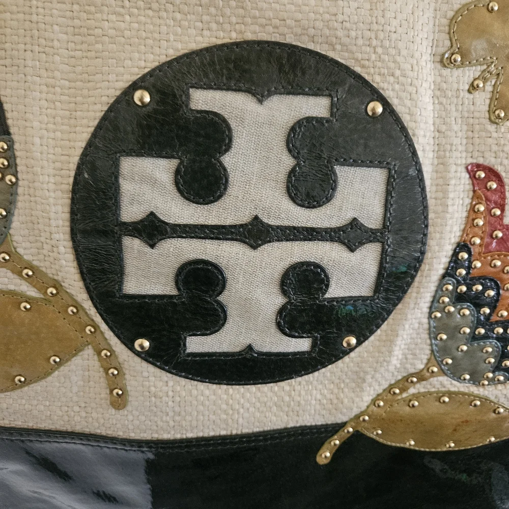 Tory Burch Cream Canvas Tote with Black Trim and Multicolor Butterfly Appliqués
